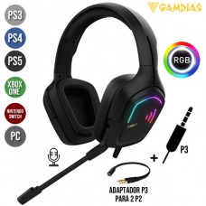 Headset Gamer P3 + Adaptador 2 P2 Multiplataforma Drivers 40mm com Microfone e LED RGB Hebe E2 Gamdias - Preto